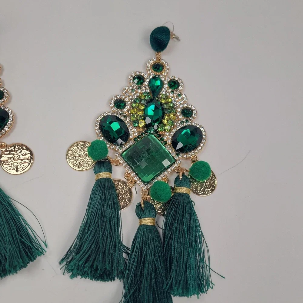 Huge Emerald Green Tassel Chandelier Earrings Rhinestone Dangle Boho Jewelry
